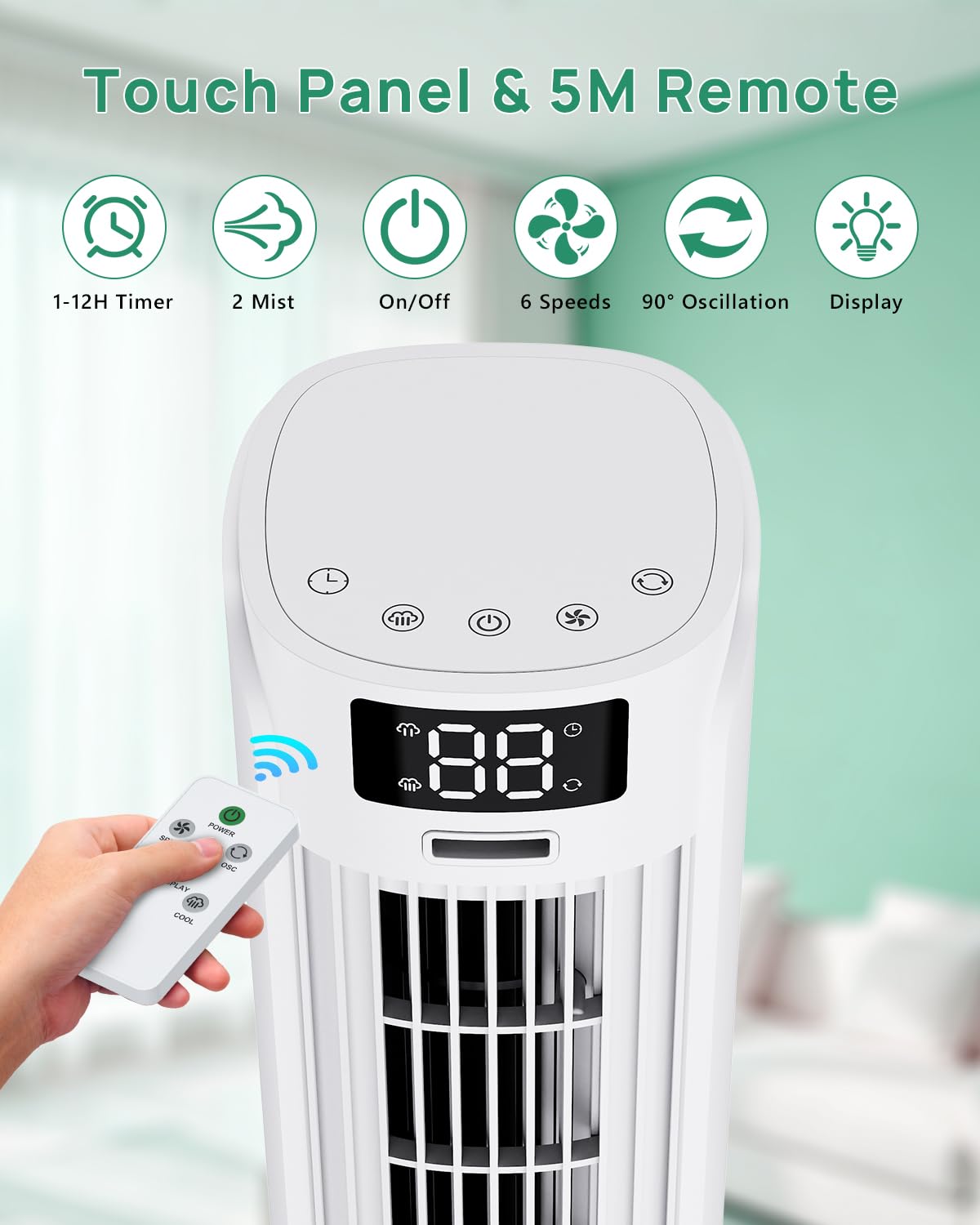 Portable Air Conditioner, 800ML Water Tank, 6 Speeds & 2 Cool Mist, 3 IN 1 Air Cooler, 90° Auto Oscillation, 12H Timer, 5M Remote Control, Quiet Cooling Tower Fan Air Conditioner for Room Office 🍁 All In One Marketplace Canada
