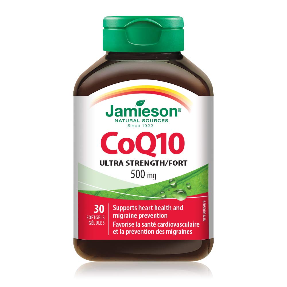 Jamieson CoQ10 500 mg, Coenzyme Q10, Ultra Strength, Supports Heart Health, and Helps Prevent Migraines. Non-GMO, Gluten-Free, 30 Softgels, Proudly Canadian 🍁 All In One Marketplace Canada