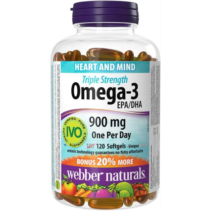 Webber Naturals Omega-3 900 mg Triple Strength, 120 Clear Enteric No Fishy Aftertaste Softgels, Supports Cardiovascular Health and Brain Function 🍁 All In One Marketplace Canada
