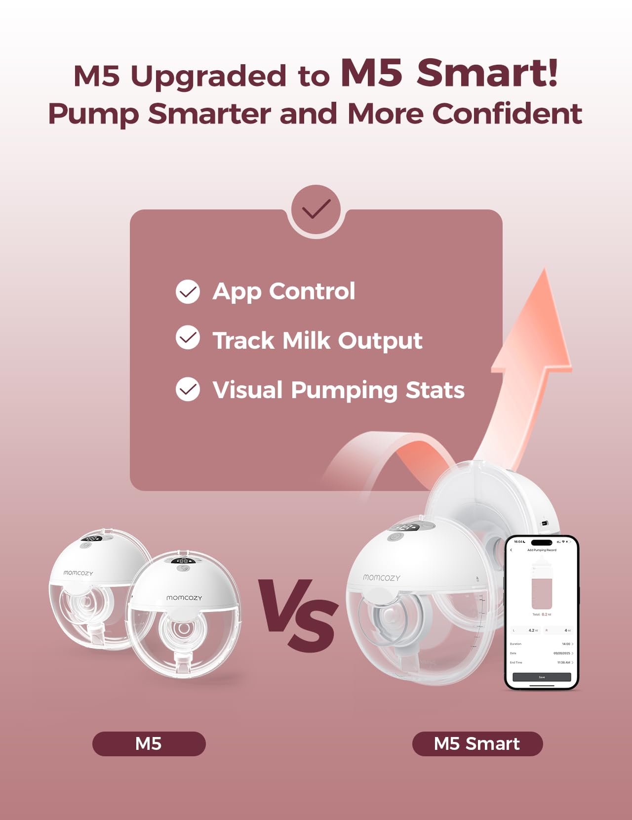 Momcozy M5 Smart App Control Hands Free Breast Pump, Double Wearable Breast Pump of Baby Mouth Double-Sealed Flange with 3 Modes & 9 Levels, Electric Pump Portable - 24mm, 2 Pack, Cozy Red 🍁 All In One Marketplace Canada