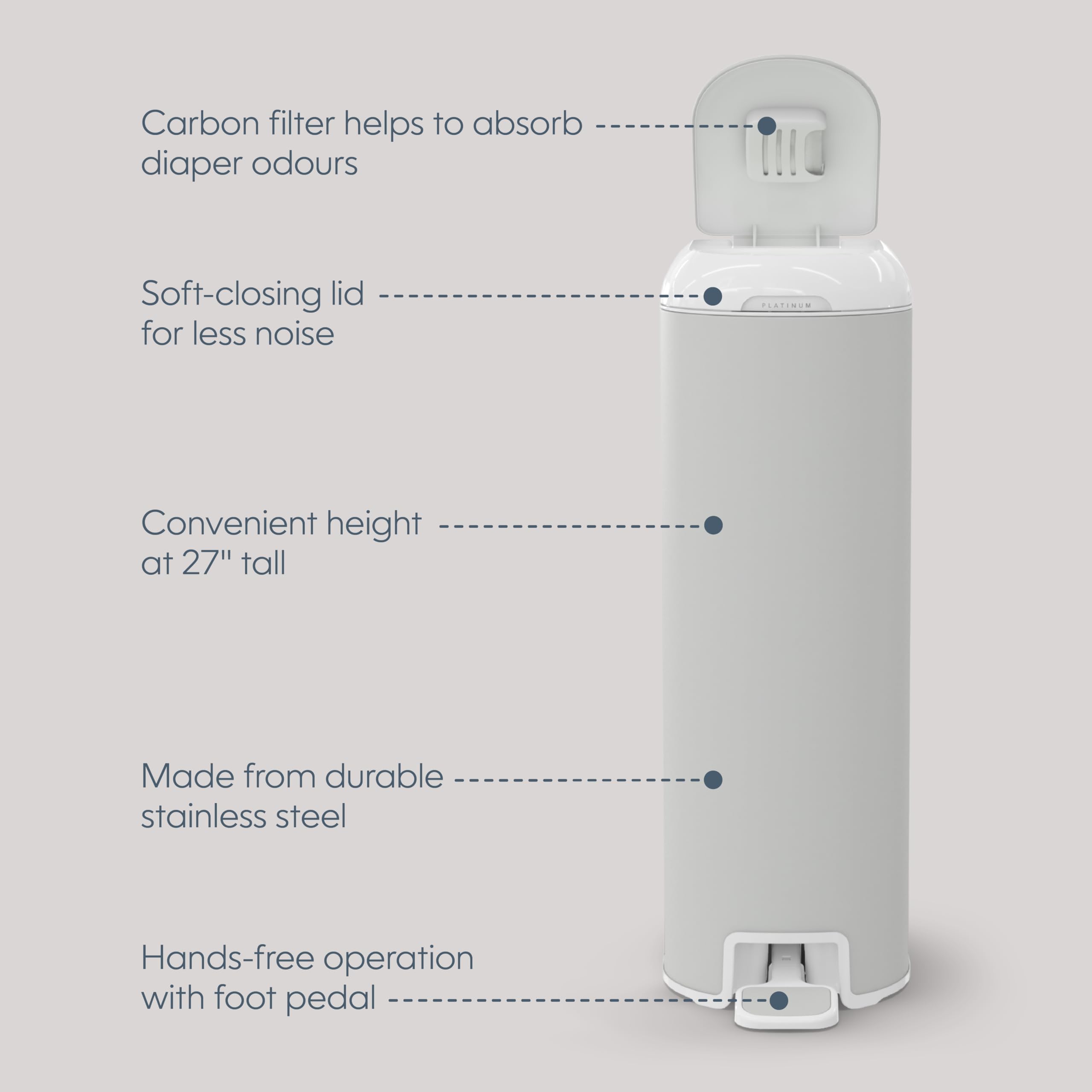 Diaper Genie Platinum Diaper Pail, Stone Grey - Made in Durable Stainless Steel and Includes 1 Easy Roll Refill with 18 Bags 🍁 All In One Marketplace Canada