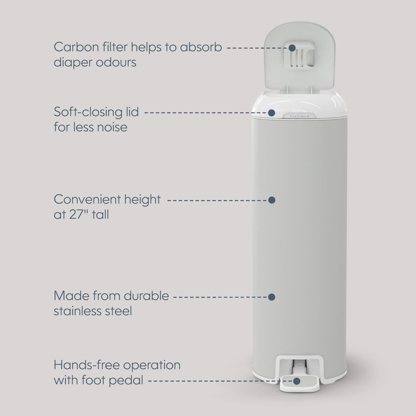 Diaper Genie Platinum Diaper Pail, Stone Grey - Made in Durable Stainless Steel and Includes 1 Easy Roll Refill with 18 Bags 🍁 All In One Marketplace Canada