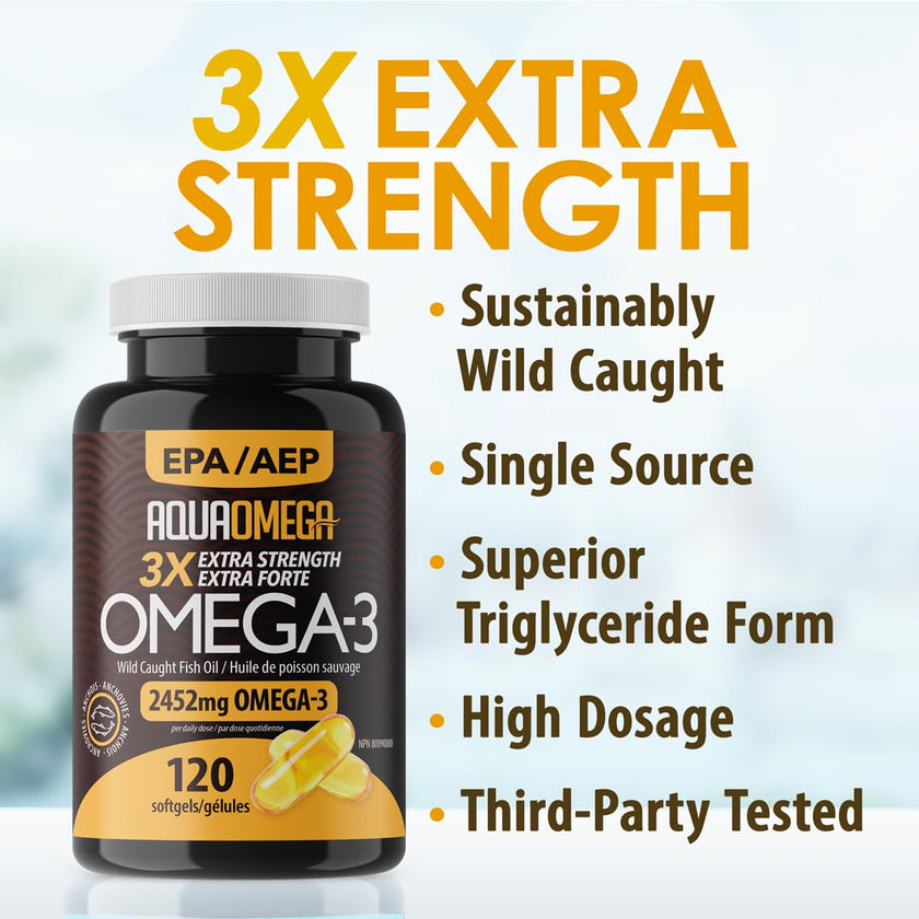 AQUAOMEGA 3X Extra Strength High EPA Fish Oil Omega 3 Supplements, Wild Caught Triple Strength Omega 3 Fish Oil Capsules with EPA, DHA and Vitamin D, Omega3 Supplements Made in Canada,120 Softgels 🍁 All In One Marketplace Canada
