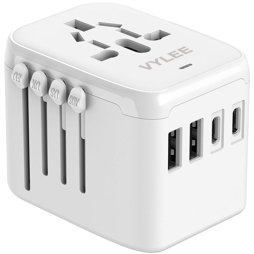 VYLEE Universal International Power Travel Plug Adapter, 5 in 1 European Travel Plug Adapter W/ 3.5A 2xUSB-A and 2xUSB C Wall Charger and Worldwide AC Outlet for Europe USA UK AUS Asia (White) 🍁 All In One Marketplace Canada