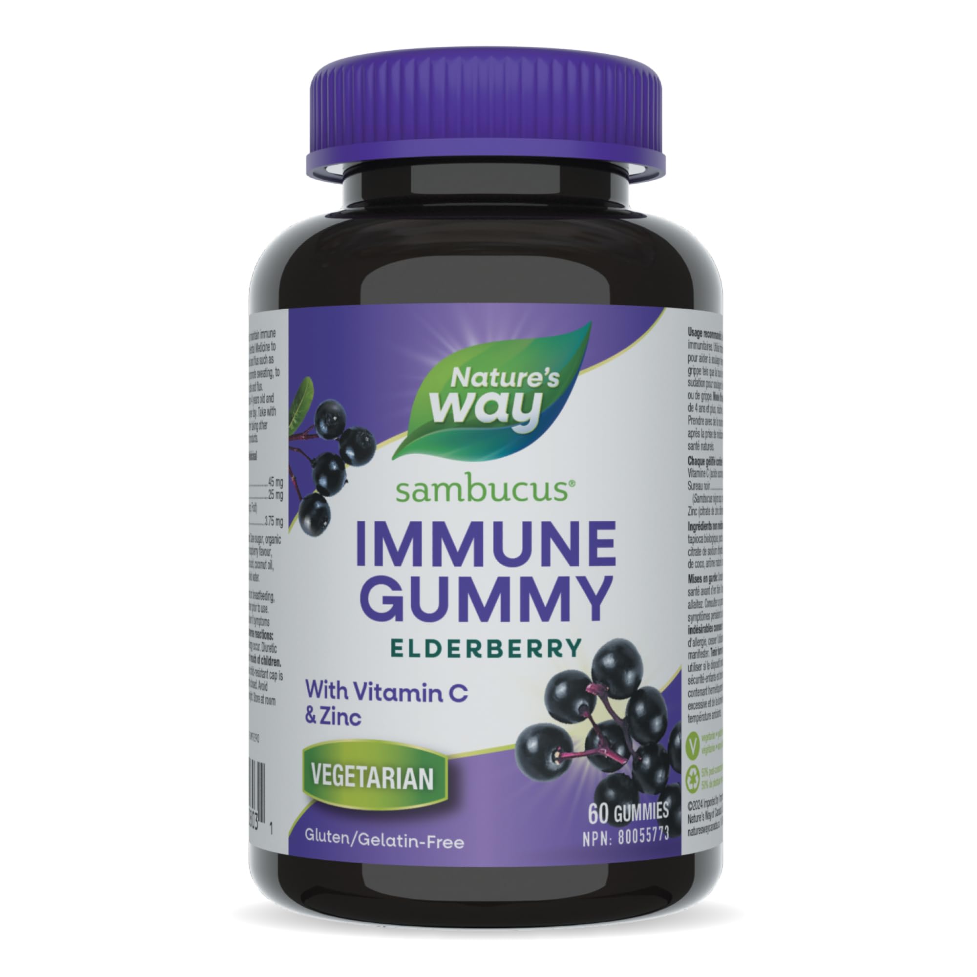 Nature's Way Sambucus Immune Support Gummies – Elderberry with Vitamin C & Zinc – Supports Immune Function and Relieves Cold & Flu Symptoms – Vegetarian, Gluten-Free for Adults & Kids 4+ – 60 Gummies 🍁 All In One Marketplace Canada