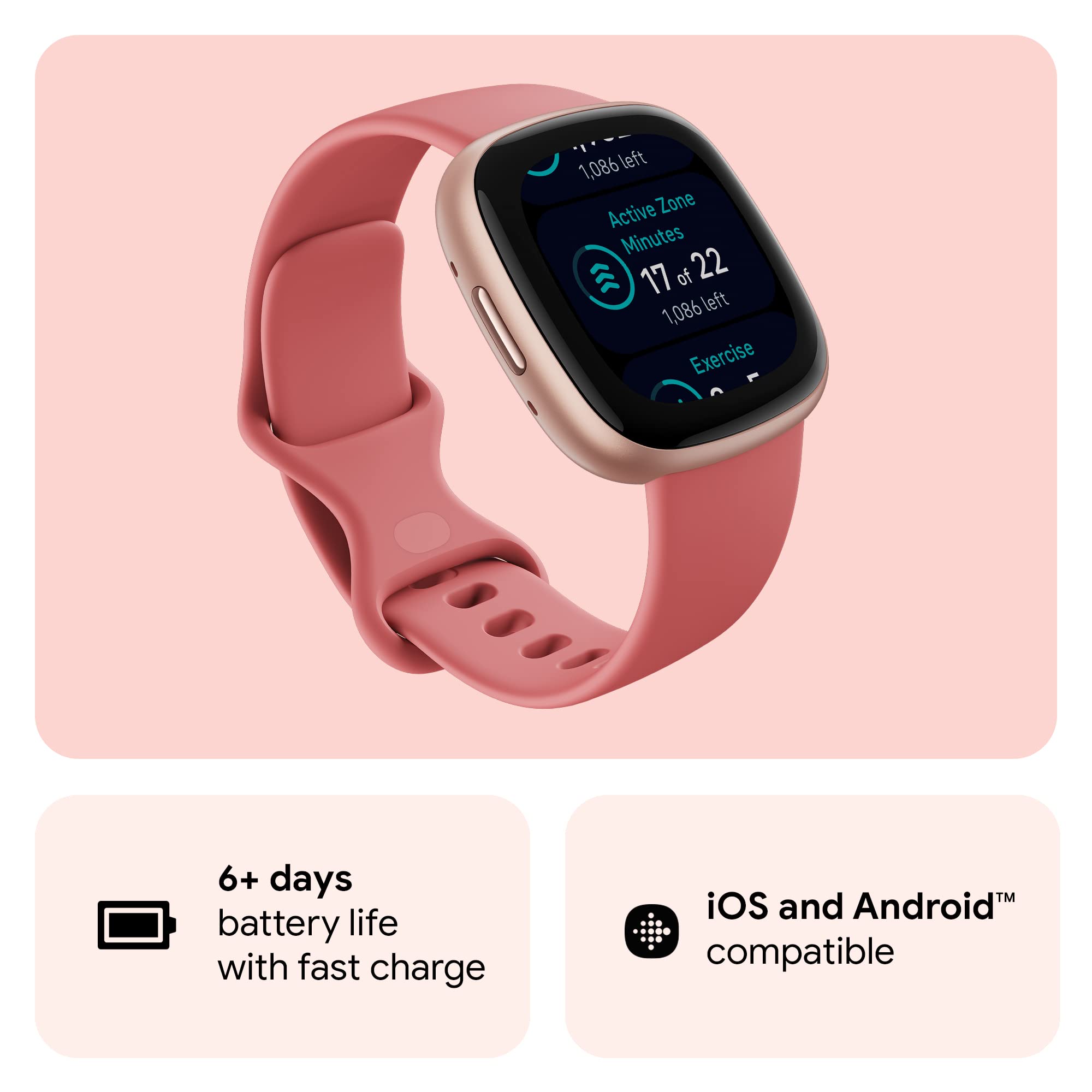 Google Fitbit Versa 4 Fitness Smartwatch with Daily Readiness, Gps, 24/7 Heart Rate, 40+ Exercise Modes, Sleep Tracking and More, Pink Sand/copper Rose, One Size (S and L Bands Included) 🍁 All In One Marketplace Canada