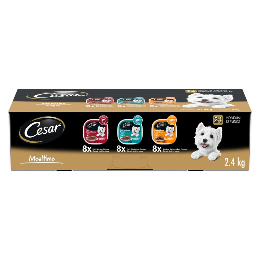 CESAR Classic Loaf in Sauce Adult Wet Dog Food Mealtime Variety Pack, with 8 Filet Mignon, 8 Pork Tenderloin & 8 Smoked Bacon & Egg Flavours, 24x100g Trays 🍁 All In One Marketplace Canada