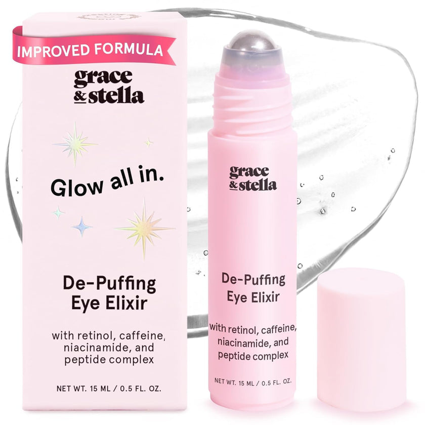 grace & stella Under Eye Brightener Roller - Airplane Travel Essentials - Travel Size Toiletries - Retinol & Caffeine Eye Serum for Puffiness, Dark Circles, Wrinkles - Vegan Skincare (15ml / 0.51floz) 🍁 All In One Marketplace Canada