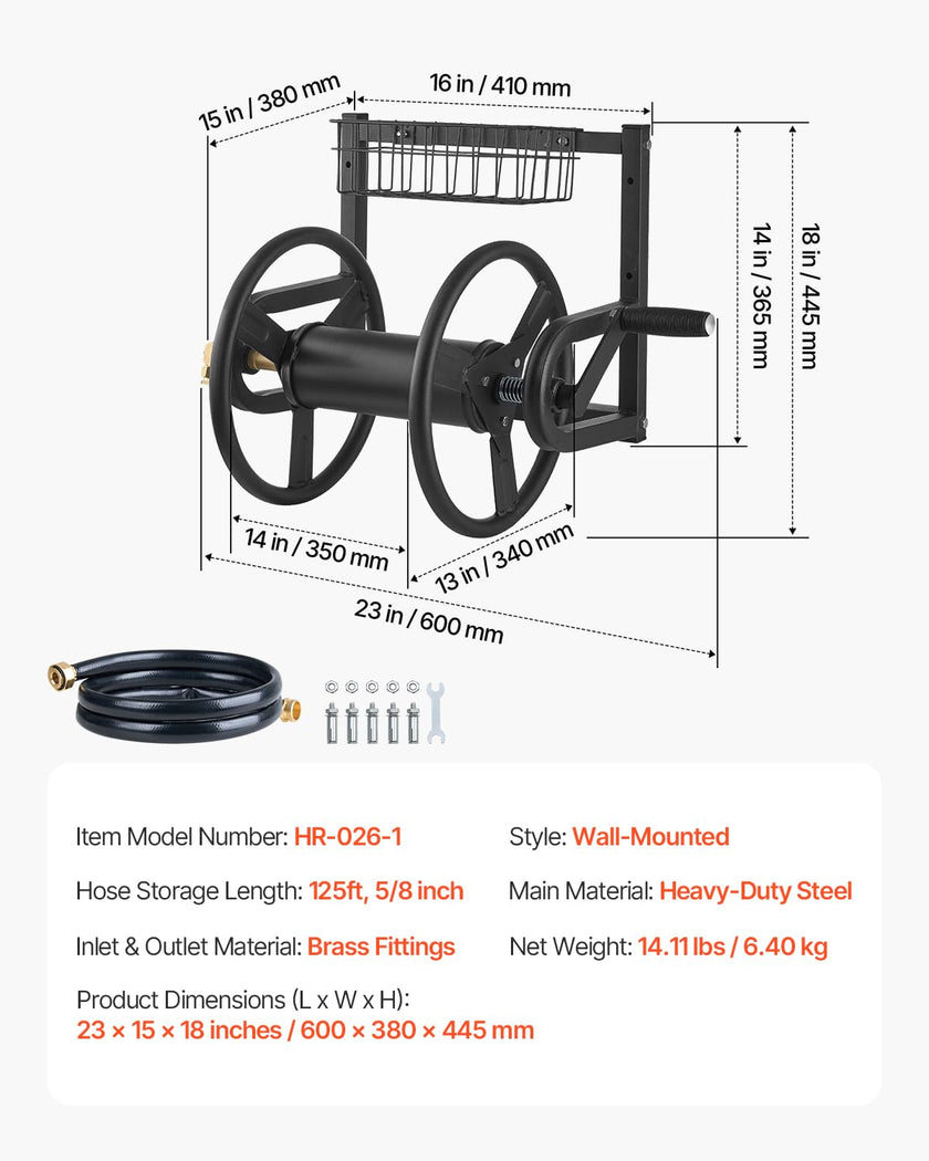 VEVOR Wall Mounted Garden Hose Reel, Holds 125 ft 5/8-inch Hose, Heavy-Duty Water Hose Winder, Space-Saving Design, Outdoor Manual Reel with Brass Fitting and Storage Basket for Yard Lawn 🍁 All In One Marketplace Canada