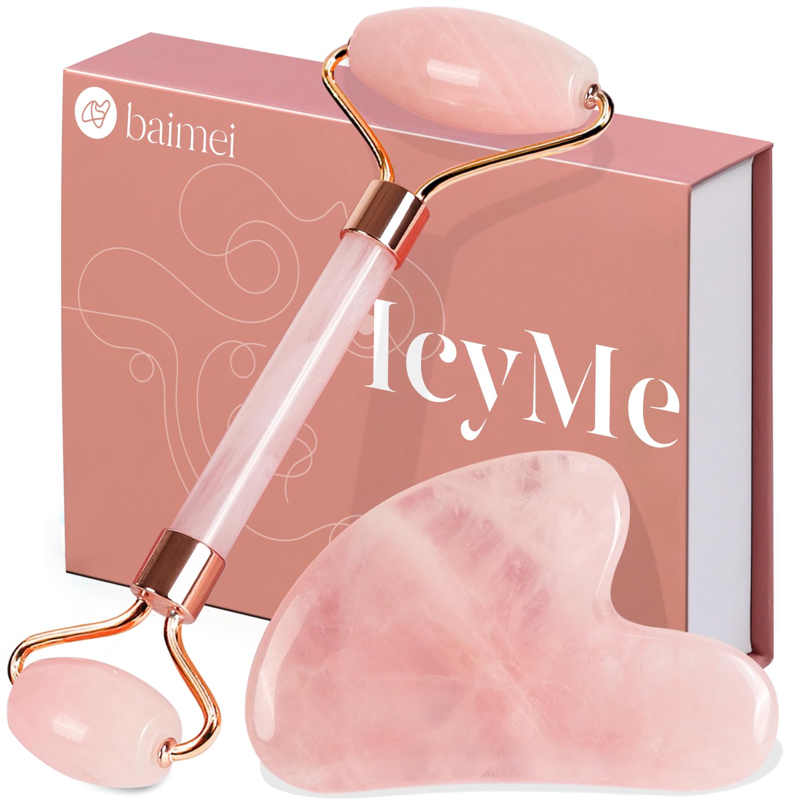 BAIMEI IcyMe Rose Quartz Roller & Gua Sha Set, Cooling Face Roller for Depuffing & Lymphatic Massage, Sculpting Tool for Face, Eyes & Neck, Smooth Skincare Gift for Women and Men 🍁 All In One Marketplace Canada