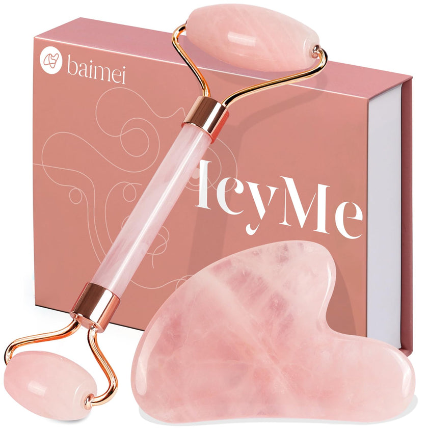 BAIMEI IcyMe Rose Quartz Roller & Gua Sha Set, Cooling Face Roller for Depuffing & Lymphatic Massage, Sculpting Tool for Face, Eyes & Neck, Smooth Skincare Gift for Women and Men 🍁 All In One Marketplace Canada