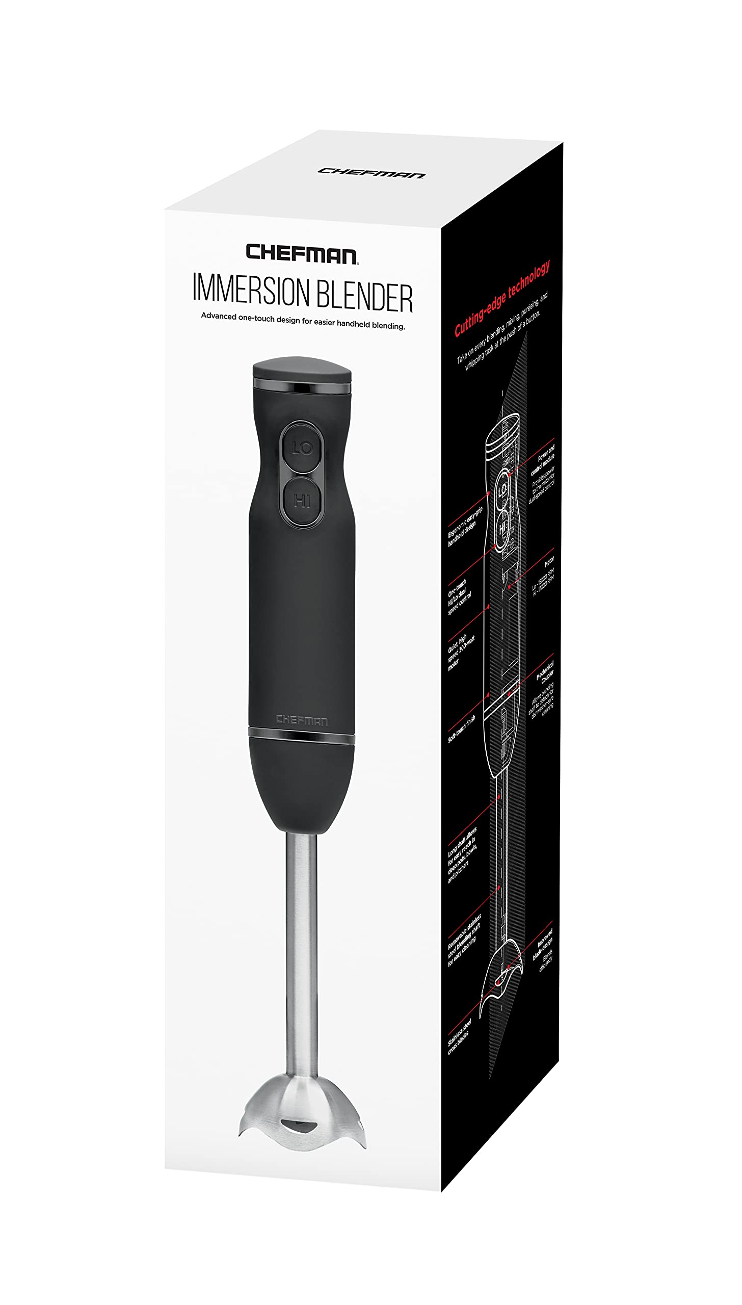 Chefman Immersion Blender, 300W Hand Blender with Stainless Steel Blades, Powerful Electric Ice Crushing 2-speed Control Handheld Food Mixer, Purées, Smoothies, Shakes, Sauces & Soups, Black 🍁 All In One Marketplace Canada