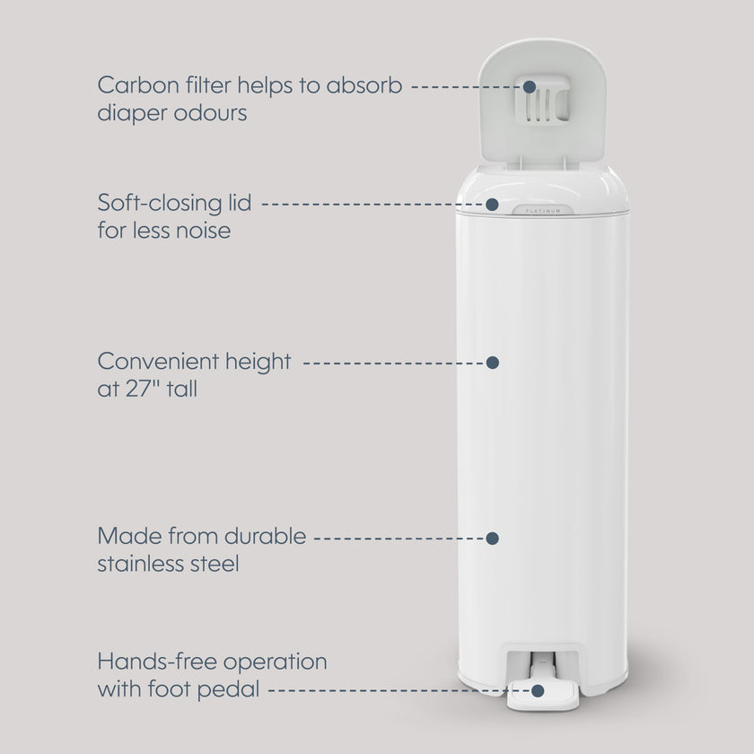 Diaper Genie Platinum Diaper Pail, White - Made in Durable Stainless Steel and Includes 1 Easy Roll Refill with 18 Bags 🍁 All In One Marketplace Canada