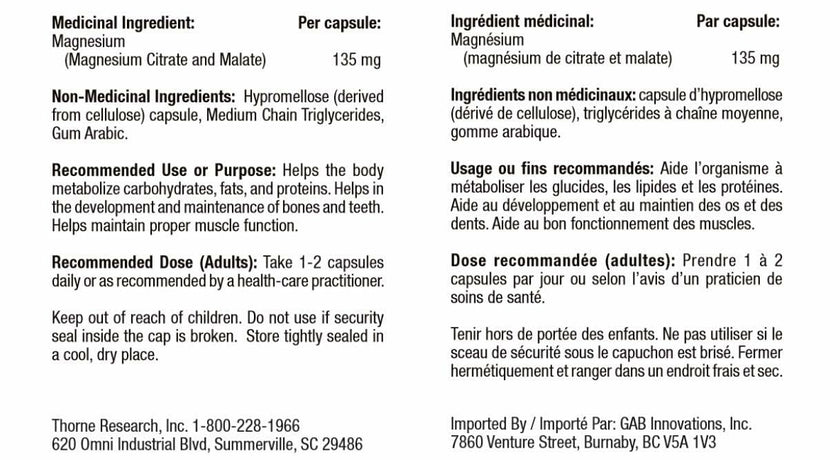 Thorne Magnesium Citramate - Magnesium with Citrate-Malate to Support Energy Production, Heart and Lung Function, and Metabolism of Sugar and Carbs - 90 Capsules - 90 Servings 🍁 All In One Marketplace Canada