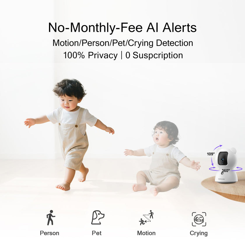 CINMOORE 2.5K Camera Surveillance Interieur, Indoor Security Cam, Free AI Pet/Person/Cry Detection, 4MP Pet Camera with Phone App Pan Tilt 2.4GHz WiFi, Night Vision, Full Duplex Audio 🍁 All In One Marketplace Canada