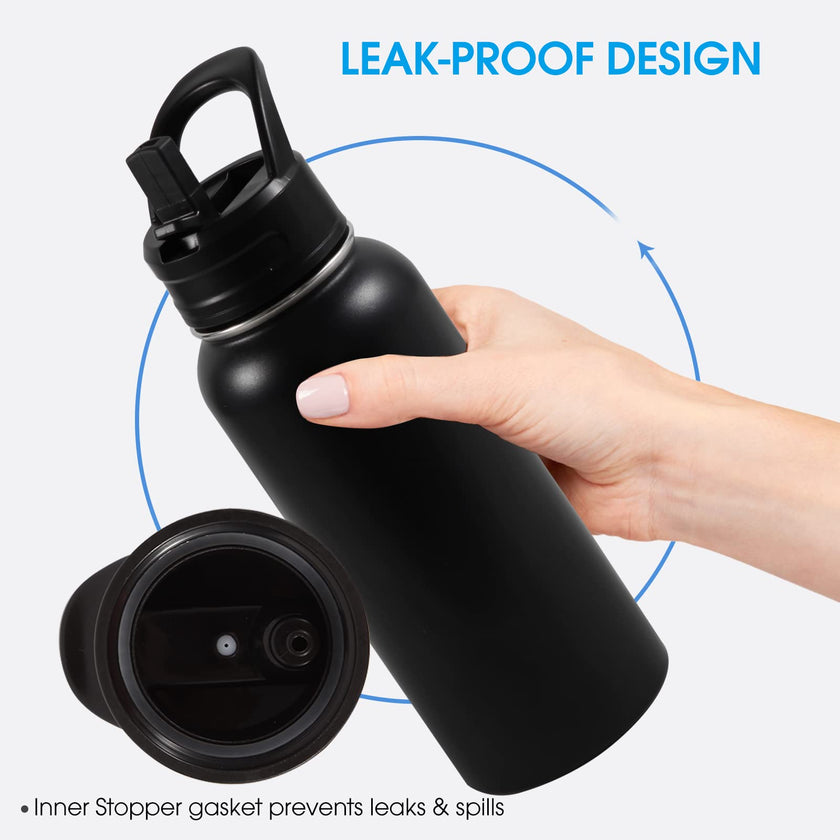 Insulated Water Bottle, 32oz Vacuum Stainless Steel Metal Sports Water Bottles with Stickers, Straw & Spout Lid (2 Lids), Double Walled to Keeps Hot and Cold, Leak Proof, BPA-Free, 32oz (Black) 🍁 All In One Marketplace Canada