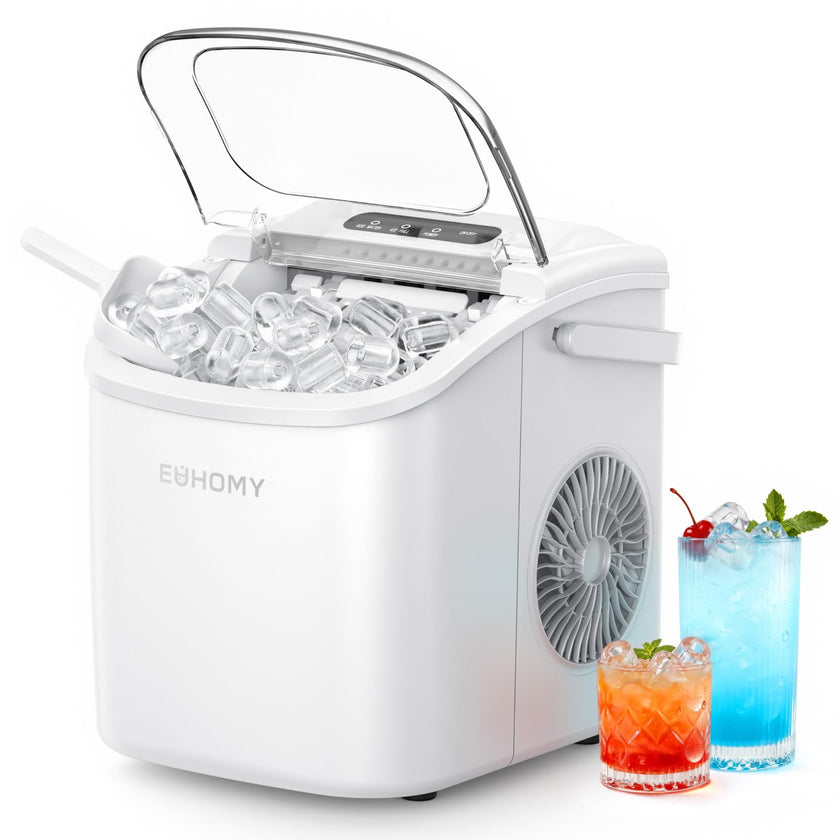 EUHOMY Countertop Ice Maker Machine with Handle, 26lbs Per Day, 9 Ice Cubes Ready in 6 Mins, Auto-Cleaning Portable Ice Maker with Basket and Scoop, for Home/Kitchen/Camping/RV (White) 🍁 All In One Marketplace Canada