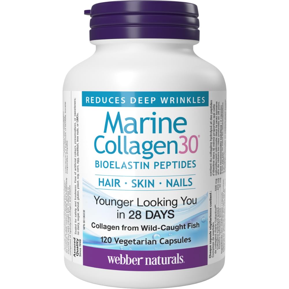 Webber Naturals Collagen30 Marine Bioelastin Peptides, 500 mg of Collactive Marine Collagen Peptide Complex Per Pill, 120 Capsules, Helps Reduce Deep Wrinkles and Joint Pain 🍁 All In One Marketplace Canada