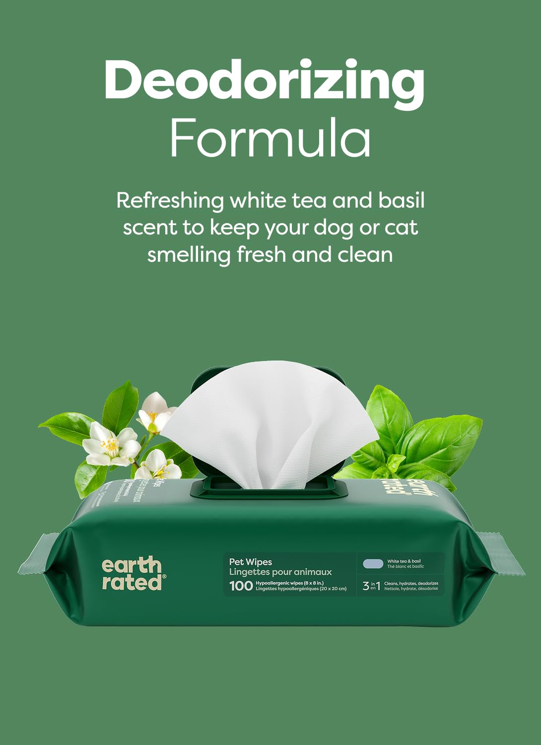 Earth Rated (A Canadian Company) Pet Wipes for Dogs and Cats, Hypoallergenic, 3-in-1 Cleaning, Deodorizing and Hydrating, for Grooming Paws, Body and Butt, New White Tea and Basil Scent, 400 Count 🍁 All In One Marketplace Canada