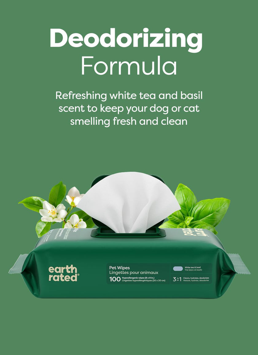 Earth Rated (A Canadian Company) Pet Wipes for Dogs and Cats, Hypoallergenic, 3-in-1 Cleaning, Deodorizing and Hydrating, for Grooming Paws, Body and Butt, New White Tea and Basil Scent, 400 Count 🍁 All In One Marketplace Canada