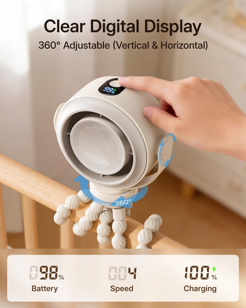 SWEETFULL Portable Stroller Fan, Pinch-Proof Baby Fan, 5-Speed Quiet Mini Clip on Fan, USB-C Rechargeable Battery, LED Display for Car Seat, Crib & Travel - Cream 🍁 All In One Marketplace Canada