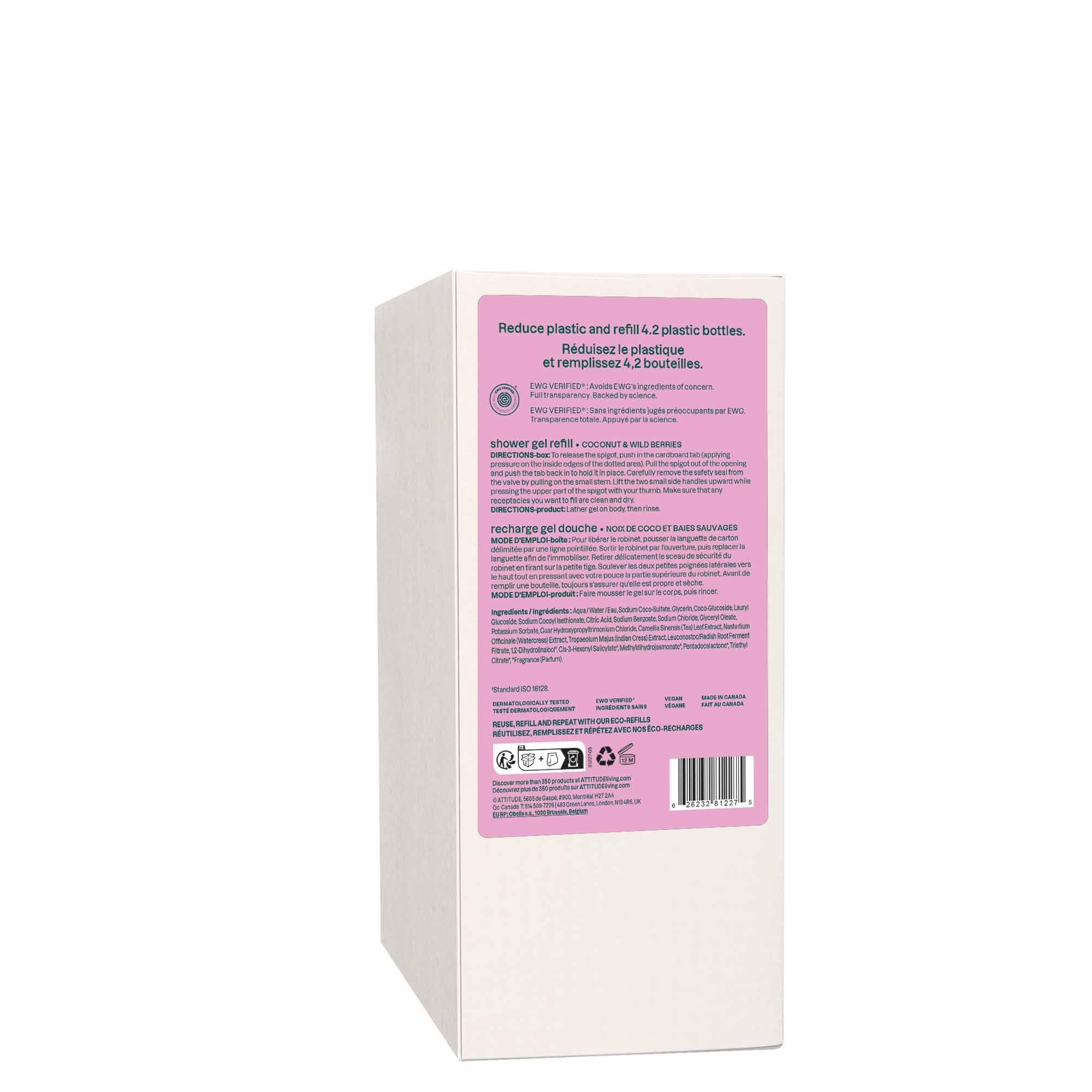 ATTITUDE Body Wash, Made in Canada, EWG Verified Shower Gel, Dermatologically Tested, Plant and Mineral-Based, Vegan Personal Care Products, Coconut & Wild Berries Scent, Bulk Refill, 2 Liters 🍁 All In One Marketplace Canada
