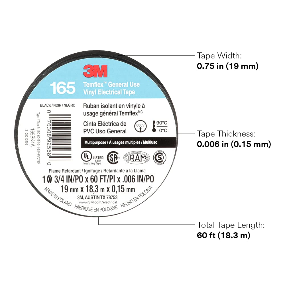 3M Temflex 165, Vinyl Colour Coding Electrical Tape, Black, 3/4in x 60ft, 10 Rolls 🍁 All In One Marketplace Canada