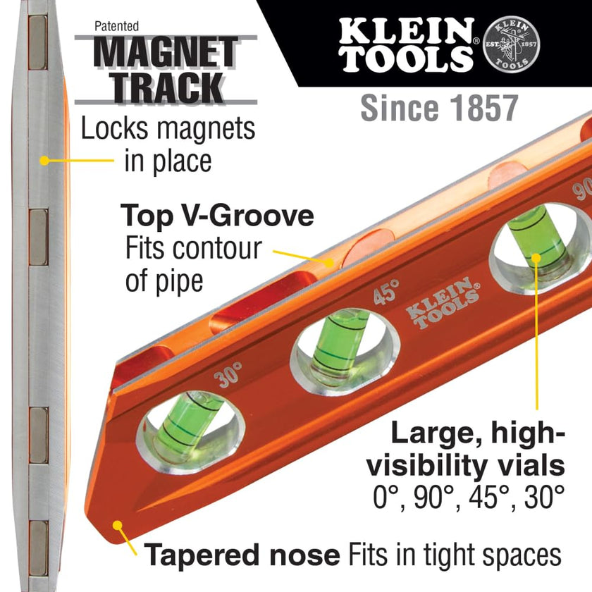 Klein Tools 935AB4V Level, 6-Inch Magnetic Torpedo and Conduit Level with 0/30/45/90 Degree Vials, V-Groove and Magnet Track, High Visibility Orange 🍁 All In One Marketplace Canada