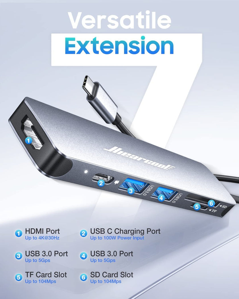 Hiearcool USB C Hub for MacBook – 7-in-1 USBC Adapter with 4K HDMI, 100W PD, USB 3.0 5Gbps Ports, SD/TF Card Reader – USB-C Dongle for Office, Meetings, Travel & Home Setup-Space Grey 🍁 All In One Marketplace Canada