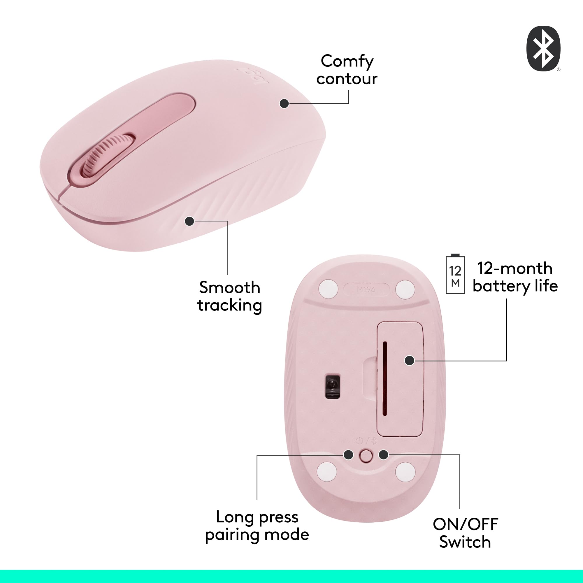 Logitech M196 Bluetooth Wireless Mouse, Compact and Portable Mouse for Laptops, Tablets and More, 12-Month Battery, Smooth Tracking, Compatible with PC and Mac, Windows and macOS - Rose 🍁 All In One Marketplace Canada
