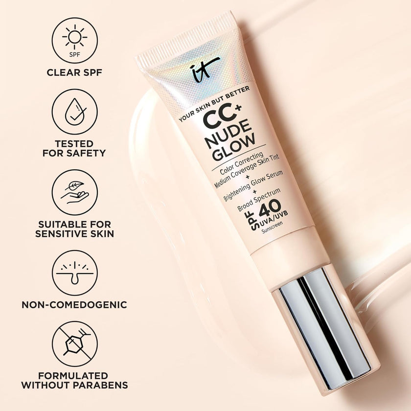 IT Cosmetics CC+ Nude Glow Lightweight Foundation + Glow Serum with SPF 40 - With Niacinamide, Hyaluronic Acid & Green Tea Extract - Light - 1.08 fl oz 🍁 All In One Marketplace Canada
