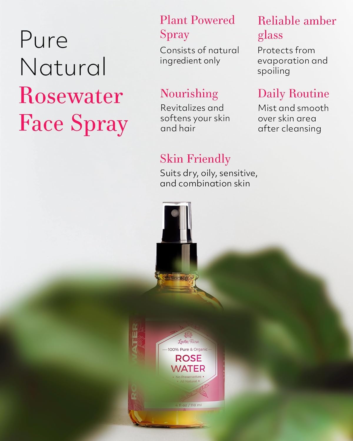 Rose Water Spray for Face by Leven Rose - Pure Natural Moroccan Rosewater Hydrosol Face Spray - Organic Rose Water Hydrosol 4 oz 🍁 All In One Marketplace Canada