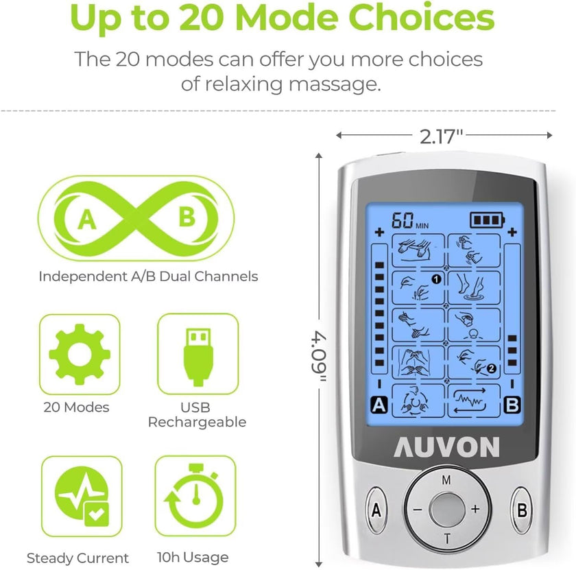 AUVON Dual Channel TENS Unit Muscle Stimulator Machine with 20 Modes, 2