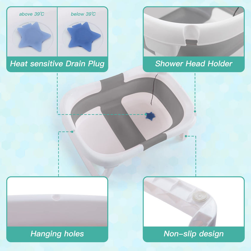 Baby BathTub, 4-in-1 Newborn to Toddler Tub with Temperature Sensor,Infant Waterproof Ear Cap and Soft Cushion included,Grey 🍁 All In One Marketplace Canada