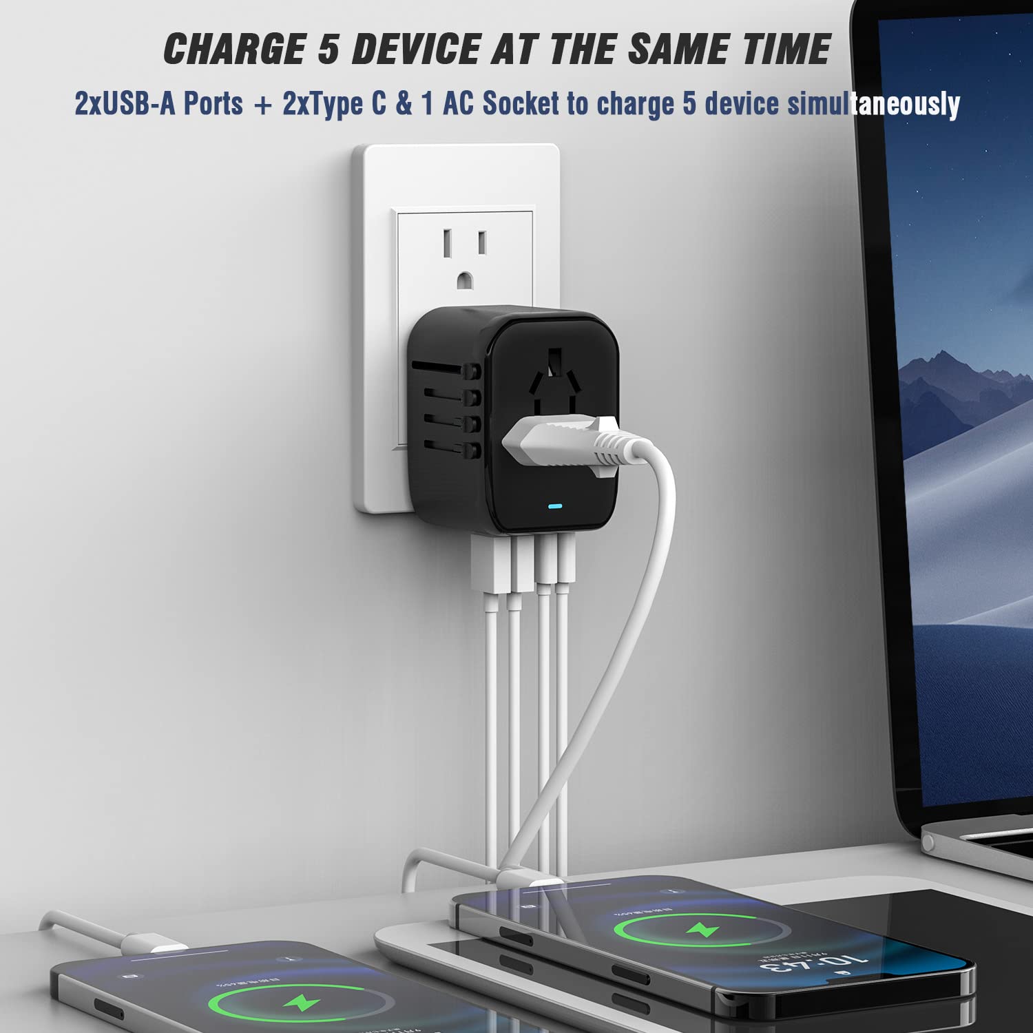RXSQUL Universal International Power Travel Plug Adapter, 5 in 1 European Travel Plug Adapter W/ 3.5A 2xUSB-A And 2xUSB C Wall Charger and Worldwide AC Outlet for Europe USA UK AUS Asia-Black 🍁 All In One Marketplace Canada