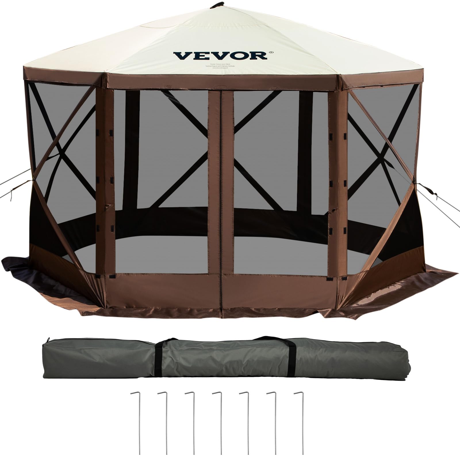 VEVOR Camping Gazebo Tent, 12'x12', 6 Sided Pop-up Canopy Screen Tent for 8 Person Camping, IPX3 Water-Resistant Screen Shelter w/Portable Storage Bag, Ground Stakes, Mesh Windows, Brown & Beige 🍁 All In One Marketplace Canada