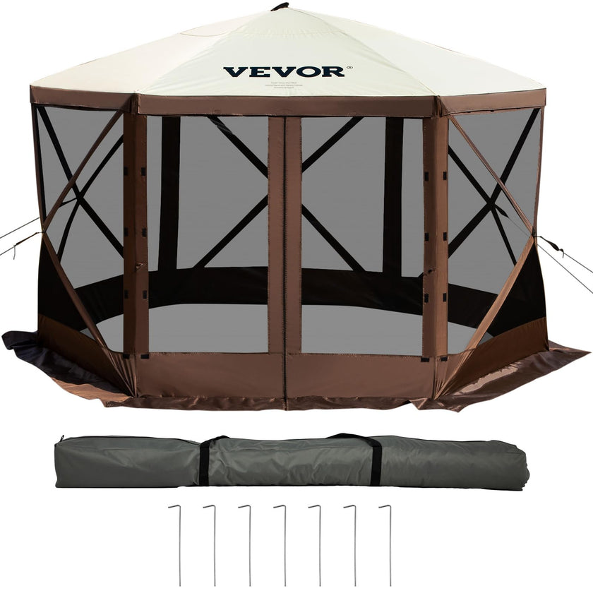 VEVOR Camping Gazebo Tent, 12'x12', 6 Sided Pop-up Canopy Screen Tent for 8 Person Camping, IPX3 Water-Resistant Screen Shelter w/Portable Storage Bag, Ground Stakes, Mesh Windows, Brown & Beige 🍁 All In One Marketplace Canada