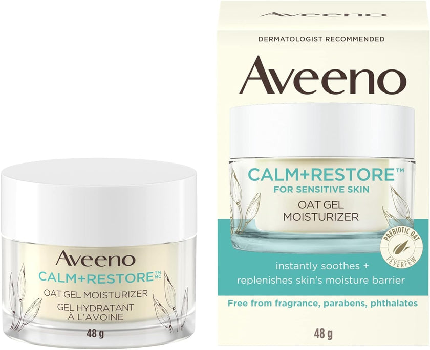Aveeno Calm + Restore Oat Gel Facial Moisturizer for Sensitive Skin, Lightweight Gel Cream Face Moisturizer with Prebiotic Oat and Feverfew, Hypoallergenic, Fragrance and Paraben-free, 48 Grams 🍁 All In One Marketplace Canada