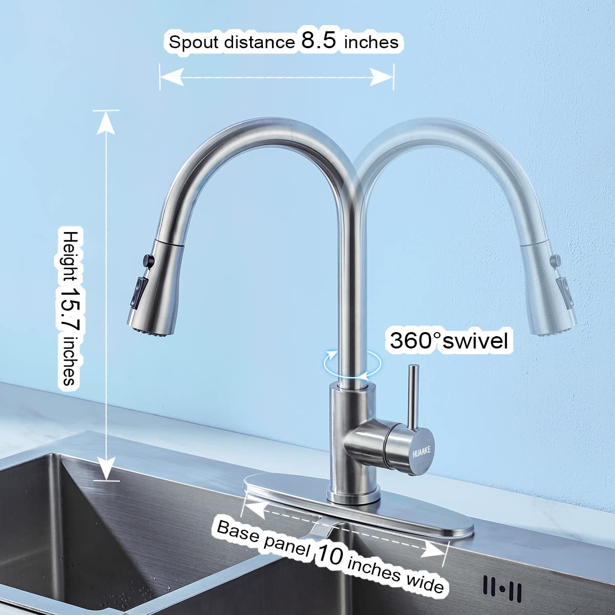 HUAAKE Kitchen Faucet with Pull Down Sprayer, Multi-Function Stainless Steel Single Handle High Arc Kitchen Sink Faucet, 360° Swivel Modern Commercial Kitchen tap with Deck Plate 🍁 All In One Marketplace Canada