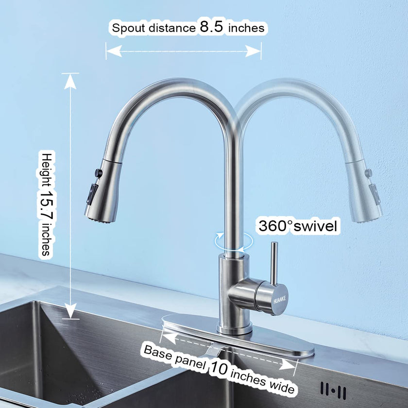 HUAAKE Kitchen Faucet with Pull Down Sprayer, Multi-Function Stainless Steel Single Handle High Arc Kitchen Sink Faucet, 360° Swivel Modern Commercial Kitchen tap with Deck Plate 🍁 All In One Marketplace Canada