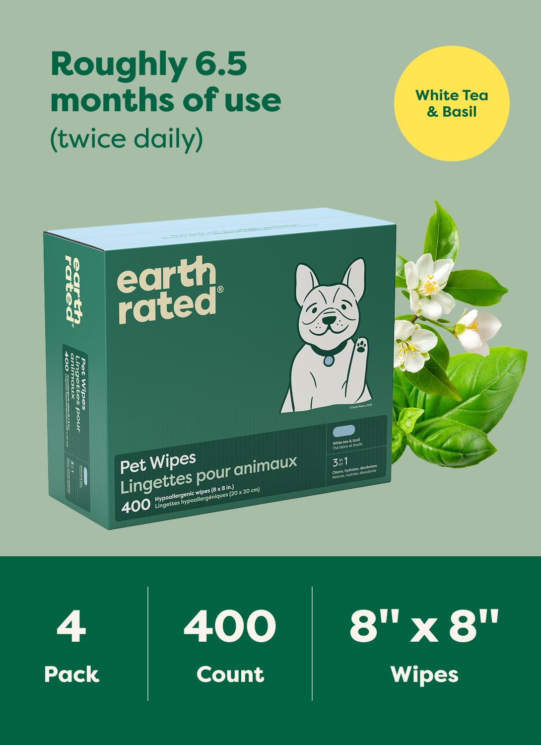 Earth Rated (A Canadian Company) Pet Wipes for Dogs and Cats, Hypoallergenic, 3-in-1 Cleaning, Deodorizing and Hydrating, for Grooming Paws, Body and Butt, New White Tea and Basil Scent, 400 Count 🍁 All In One Marketplace Canada
