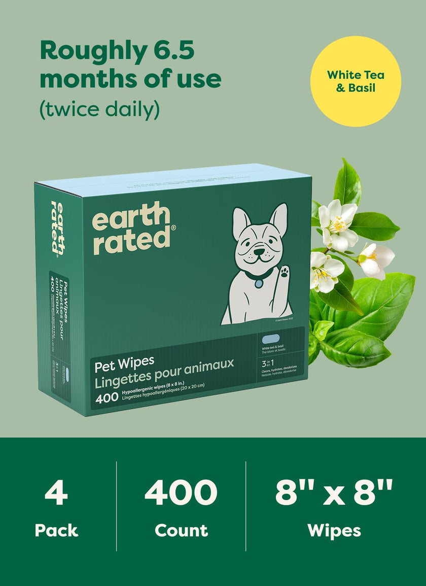 Earth Rated (A Canadian Company) Pet Wipes for Dogs and Cats, Hypoallergenic, 3-in-1 Cleaning, Deodorizing and Hydrating, for Grooming Paws, Body and Butt, New White Tea and Basil Scent, 400 Count 🍁 All In One Marketplace Canada