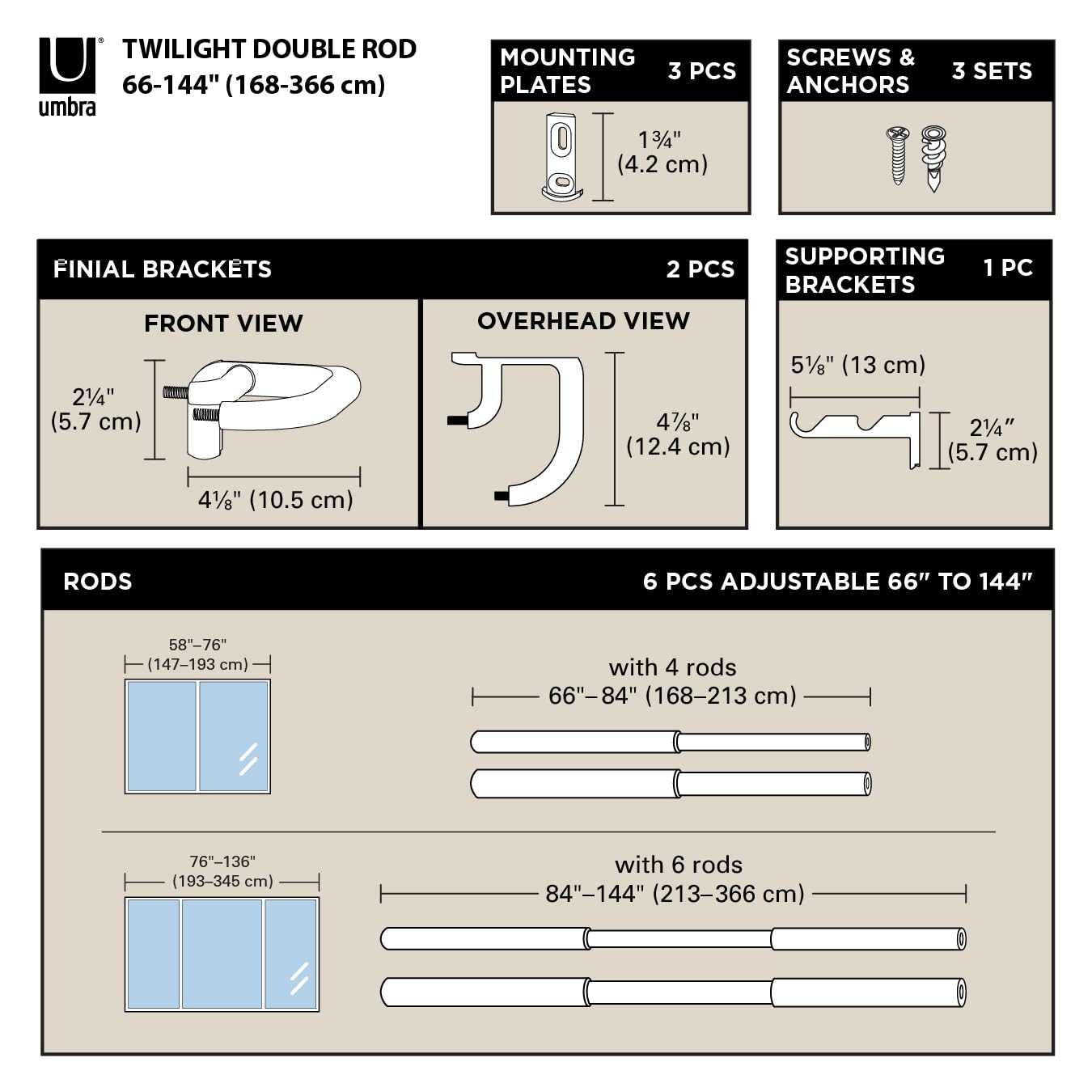 Umbra Twilight Double Curtain Rod Set – Wrap Around Design Ideal for Blackout or Room Darkening Panels, 66 to 144 Inches, Black 🍁 All In One Marketplace Canada