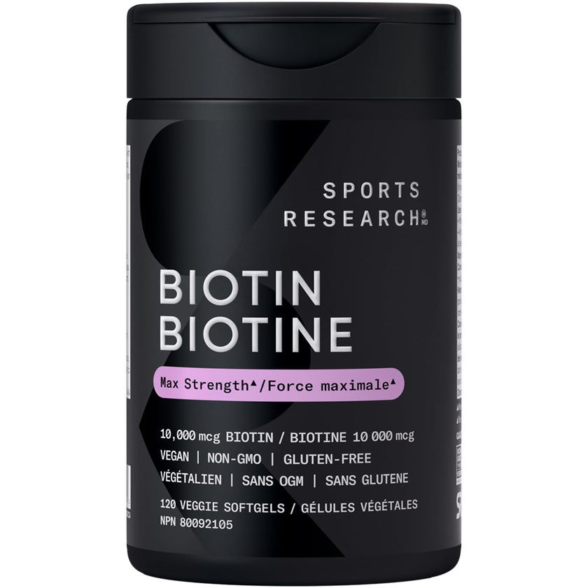 Sports Research® Max Strength Vegan Biotin 10,000mcg with Organic Coconut Oil - Helps to Maintain Healthy Hair, Nails and Skin - Great for Women & Men - 120 Veggie Softgels 🍁 All In One Marketplace Canada