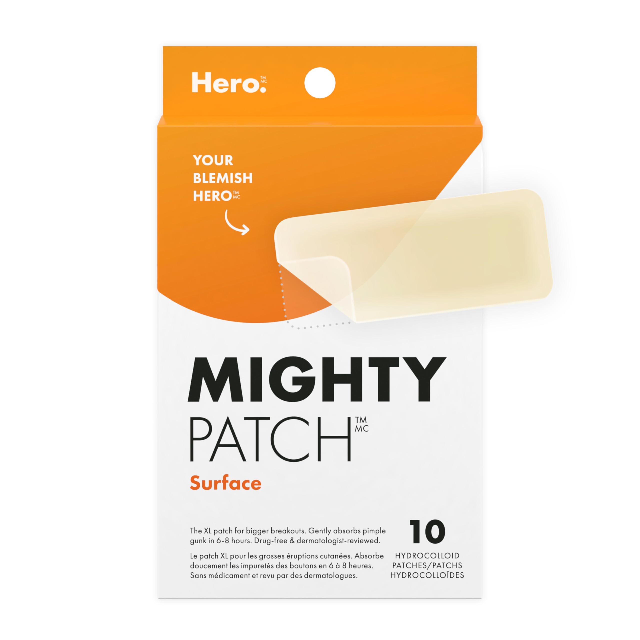 Hero Cosmetics Mighty Patch Surface – Large Hydrocolloid Patch for Pimples on the Body, Back and Face, Suitable for Sensitive Skin, 10 Count 🍁 All In One Marketplace Canada