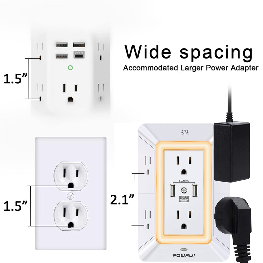 3-Sided Power Bars with Surge Protector, POWRUI 6-Outlet Extender with 3 USB Ports (1 USB C) and Night Light, Multi Plug Outlet and Spaced Outlets Adapter, ETL, White 🍁 All In One Marketplace Canada