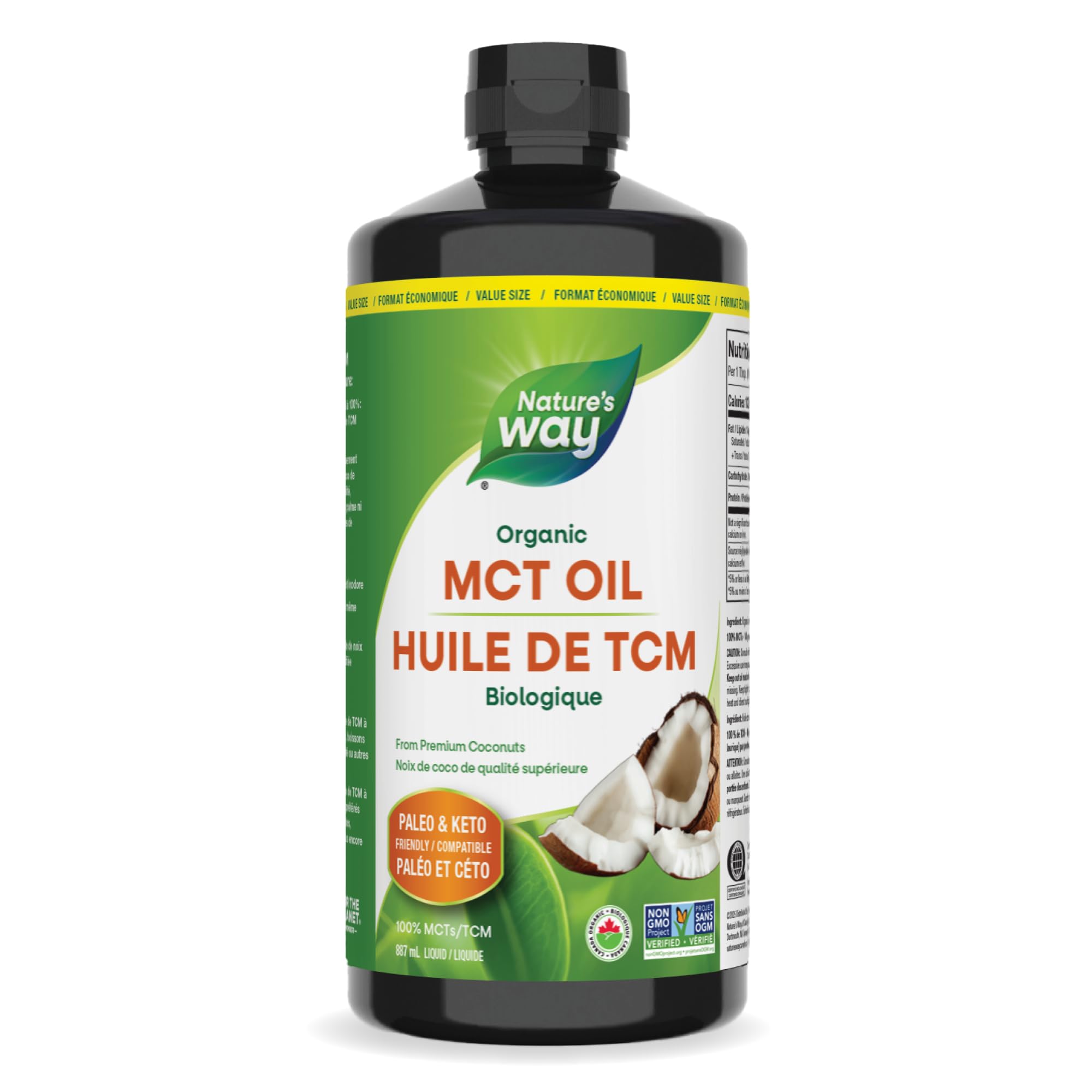 Nature's Way 100% Pure MCT Oil From Coconut – 14g MCT Per Serving – Paleo and Keto friendly – Certified Organic – Non-GMO Project Verified – Vegetarian, Gluten-free, & Flavourless – 887 mL, Value Size 🍁 All In One Marketplace Canada