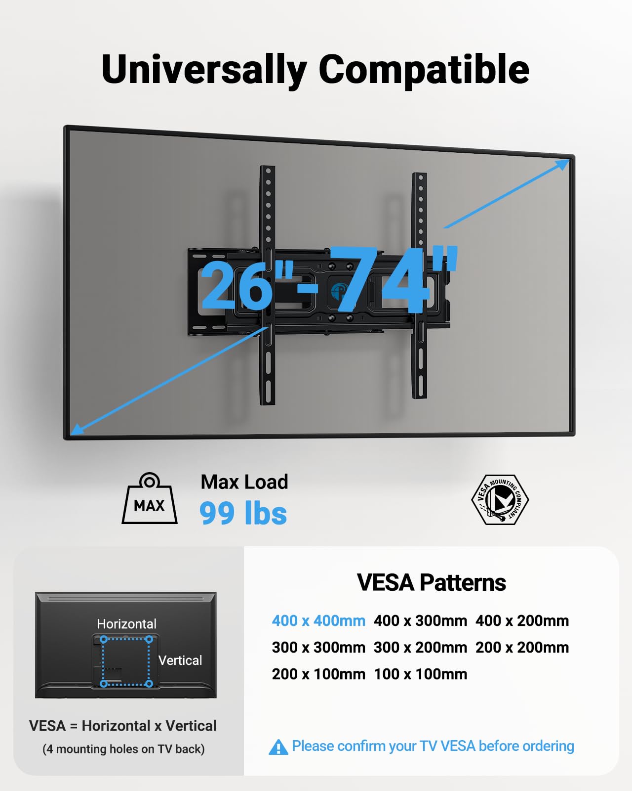 Pipishell Full Motion TV Wall Mount for 26-74 inch TVs, up to 99lbs Max VESA 400x400mm, Wall Mount TV Bracket with Articulating Swivel Extension Tilting Leveling for LED LCD OLED 4K Flat Curved Screen 🍁 All In One Marketplace Canada