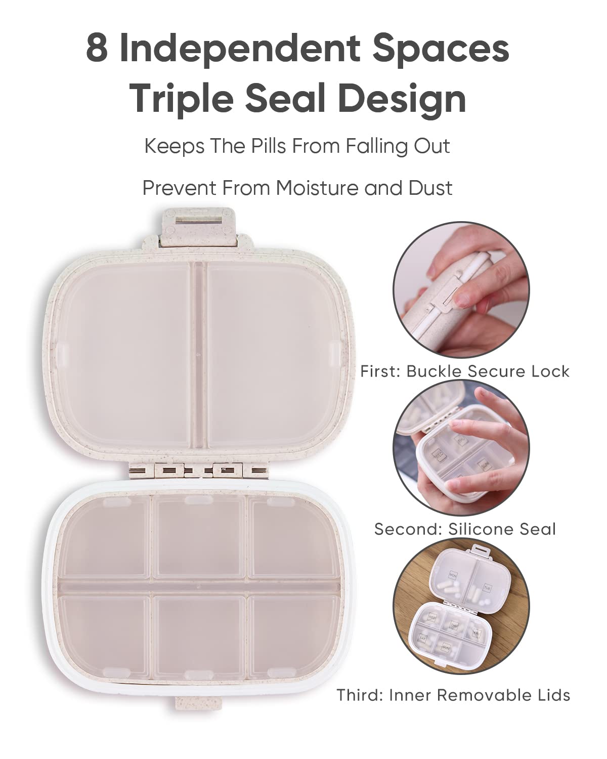 Holii Travel Pill Organizer, 8 Compartments Portable Pill Case, Daily Pill Box to Hold Vitamins, Small Pill Container for Pocket Purse Medicine Organizer（Khaki） 🍁 All In One Marketplace Canada