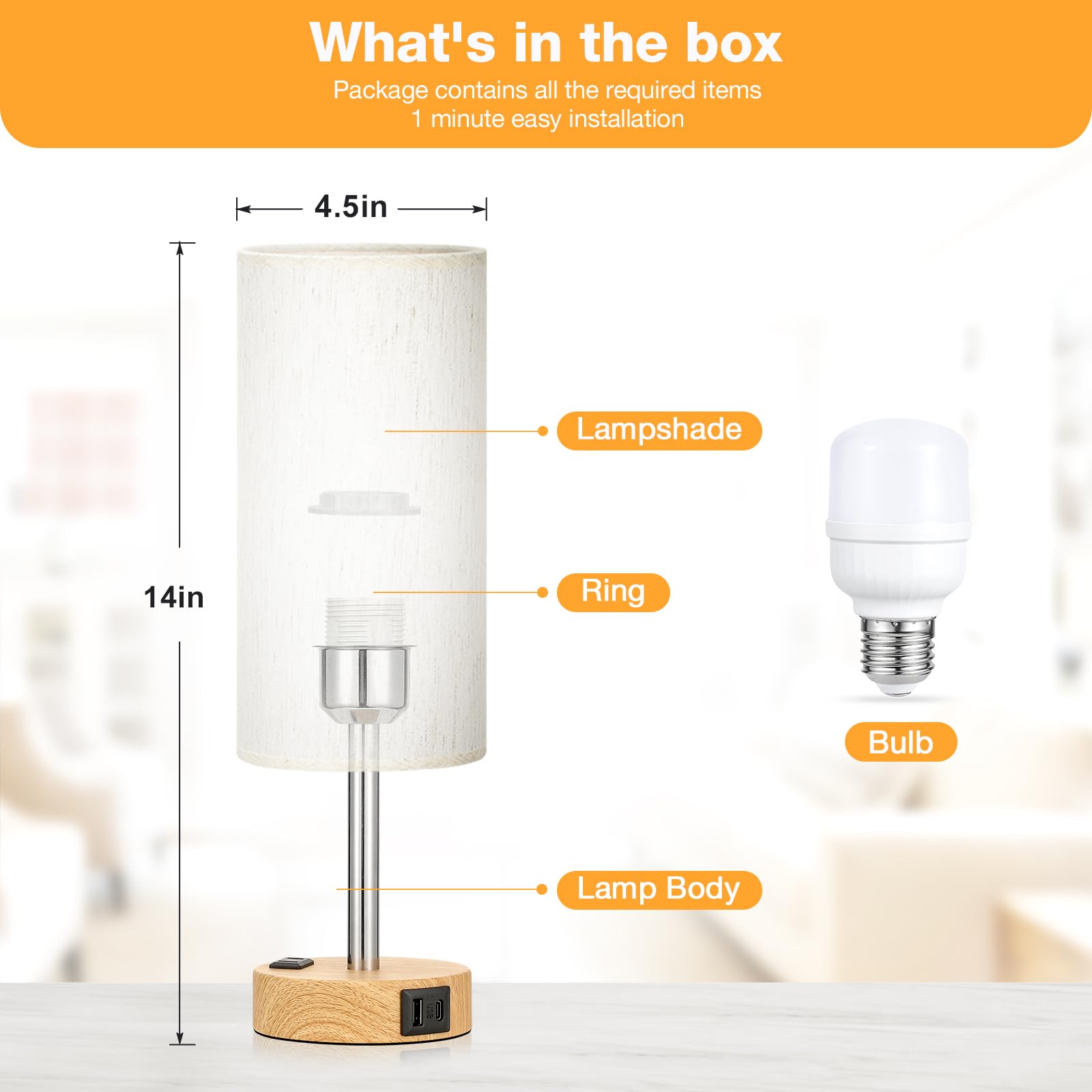 Fenmzee Bedside Table Lamp for Bedroom - 3 Way Dimmable Touch Lamp USB C Charging Ports and AC Outlet, Small Lamp Wood Base Round Flaxen Fabric Shade for Living Room, Desk, LED Bulb Included 🍁 All In One Marketplace Canada